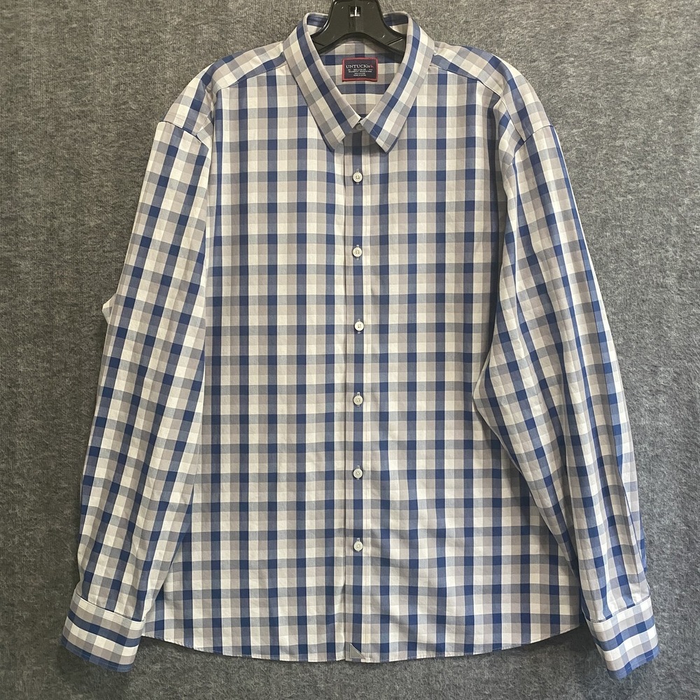 UNTUCKit Shirt Mens 2XL Blue‎ Gray Plaid Wrinkle Free Relaxed Button Up Preppy